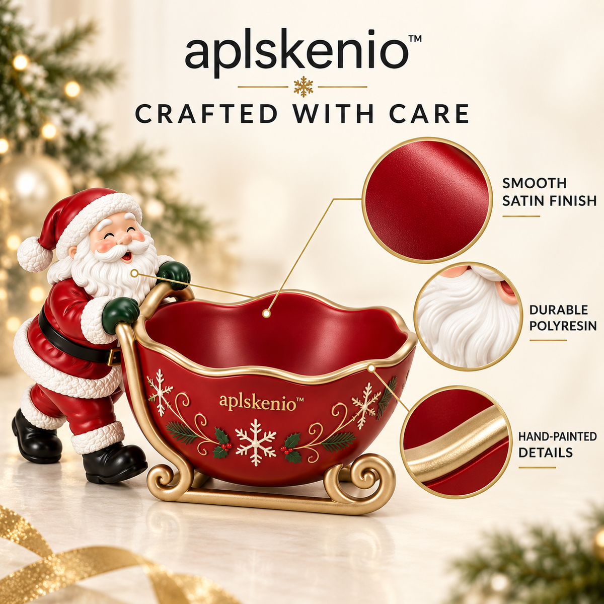 APLSKENIO™ Santa Sleigh Christmas Candy Bowl – Hand-Painted Holiday Tabletop Decoration for Wrapped Candy, Gifts & Ornaments