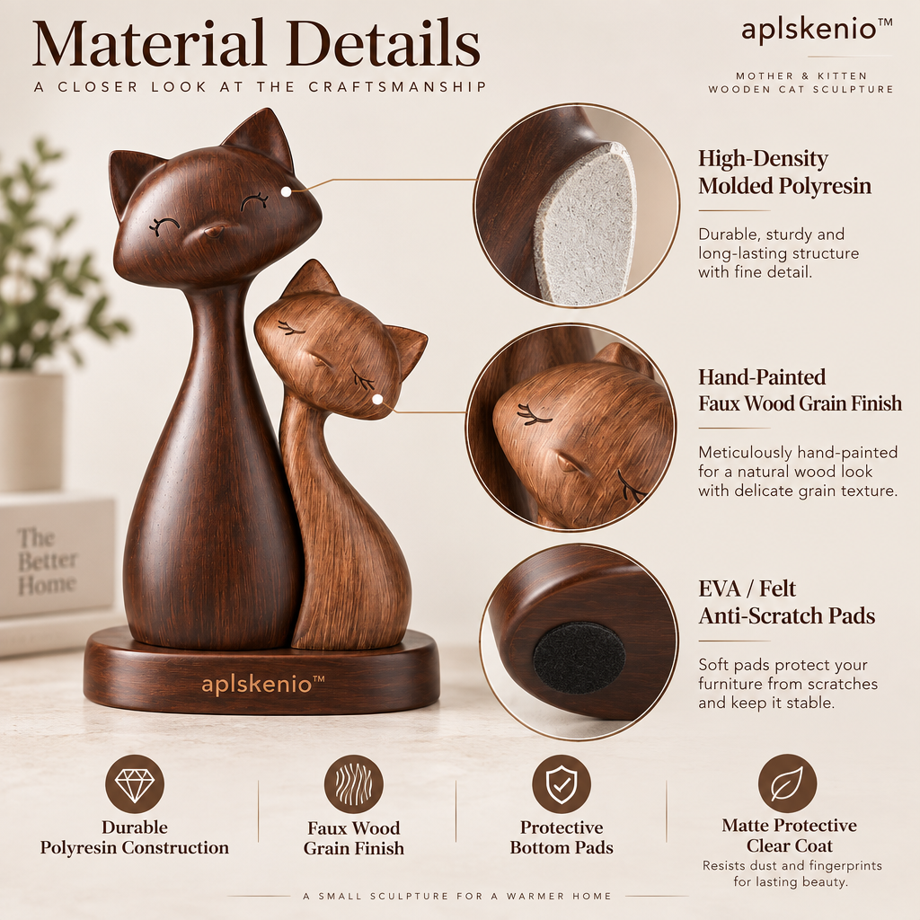 aplskenio™ Mother & Kitten Wooden Cat Sculpture