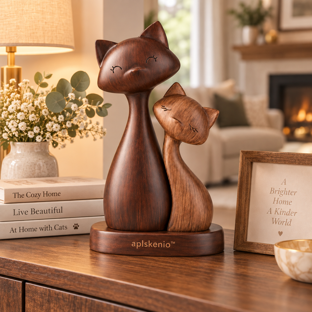 aplskenio™ Mother & Kitten Wooden Cat Sculpture