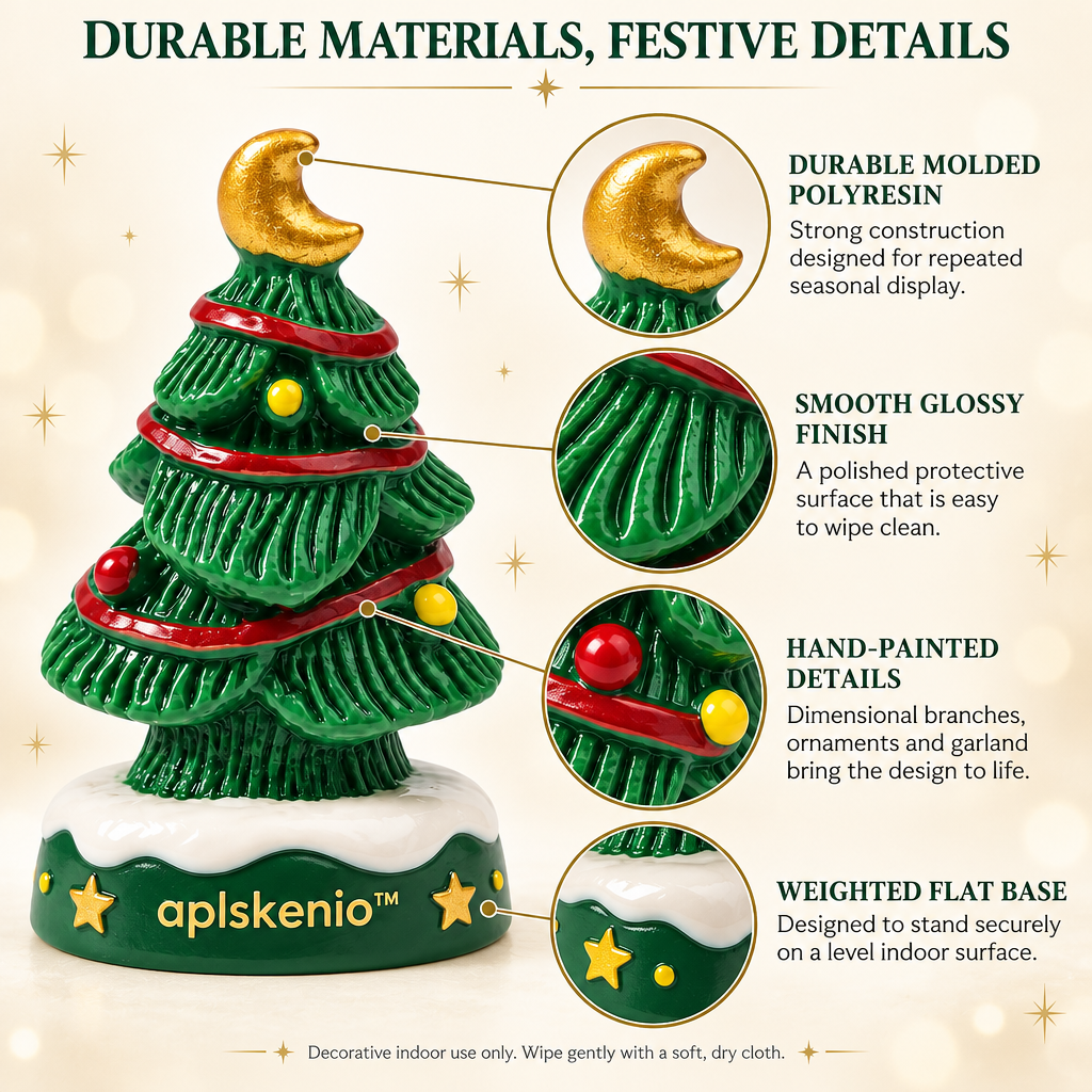 aplskenio™ Moonlit Christmas Tree Figurine – Whimsical Moon-Topped Tabletop Holiday