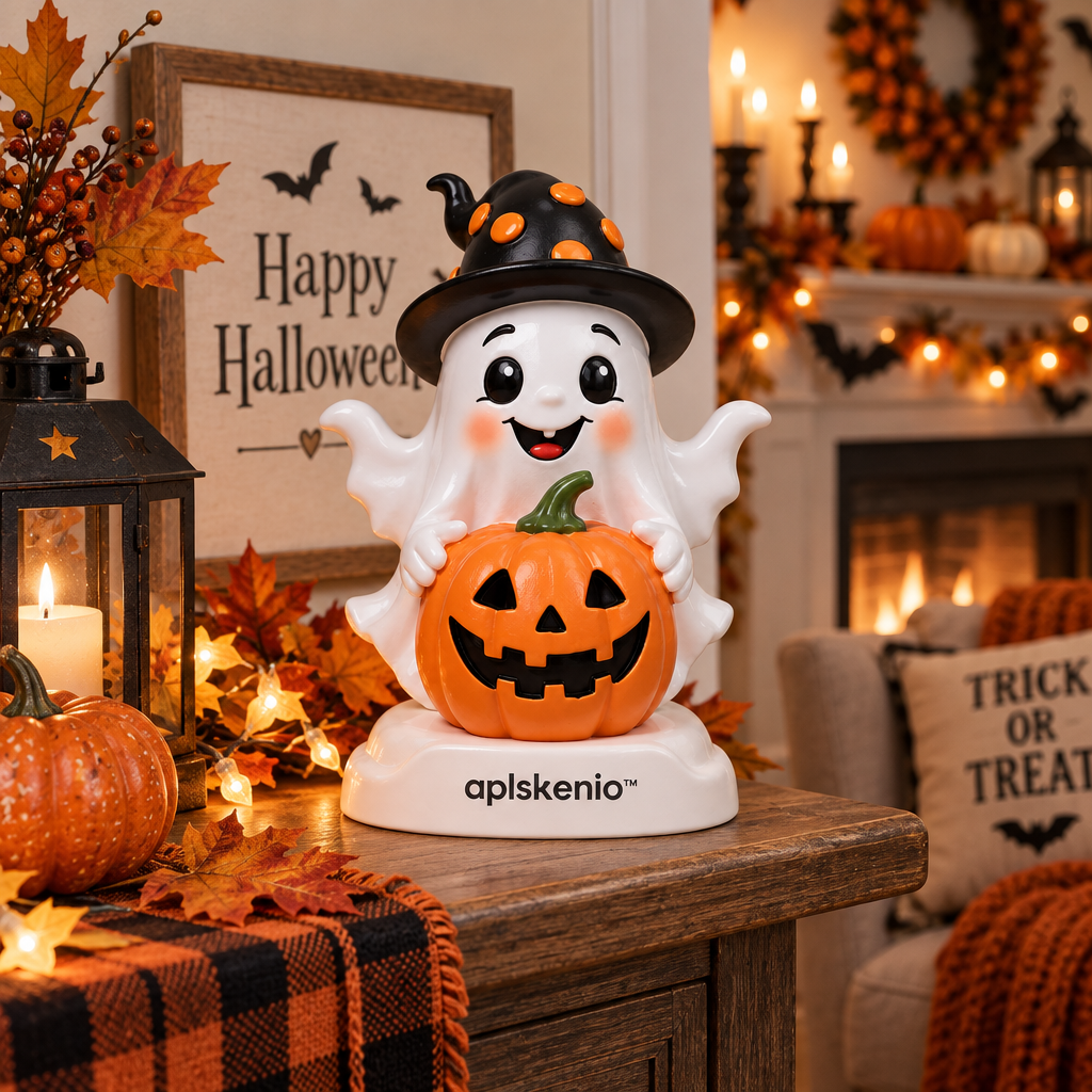 aplskenio™ Halloween Ghost & Jack-O’-Lantern Figurine – Resin Tabletop Decor
