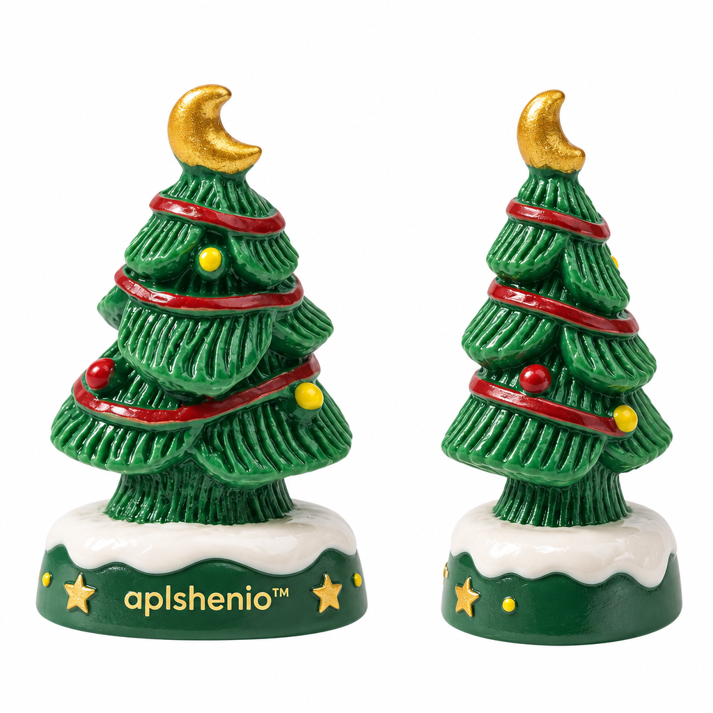 aplskenio™ Moonlit Christmas Tree Figurine – Whimsical Moon-Topped Tabletop Holiday