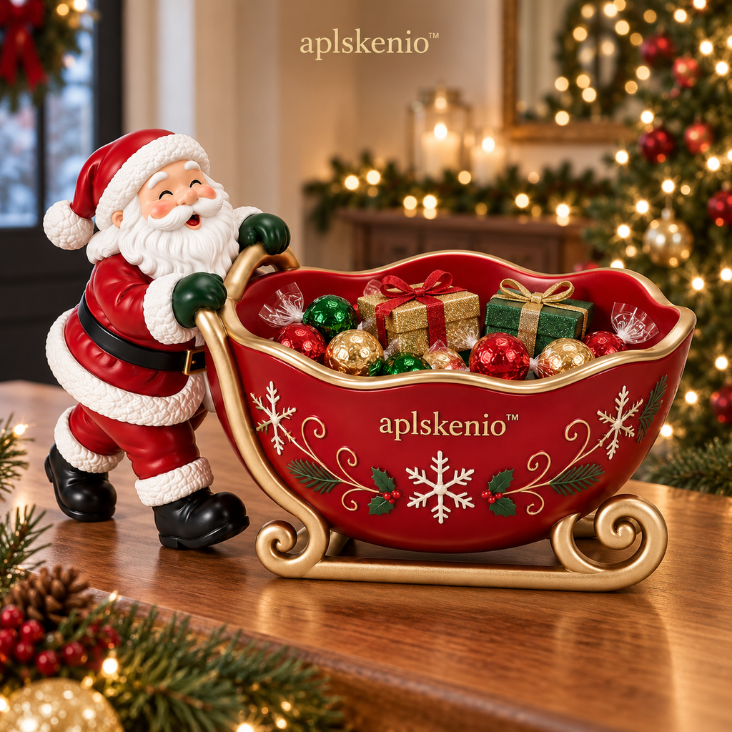 APLSKENIO™ Santa Sleigh Christmas Candy Bowl – Hand-Painted Holiday Tabletop Decoration for Wrapped Candy, Gifts & Ornaments