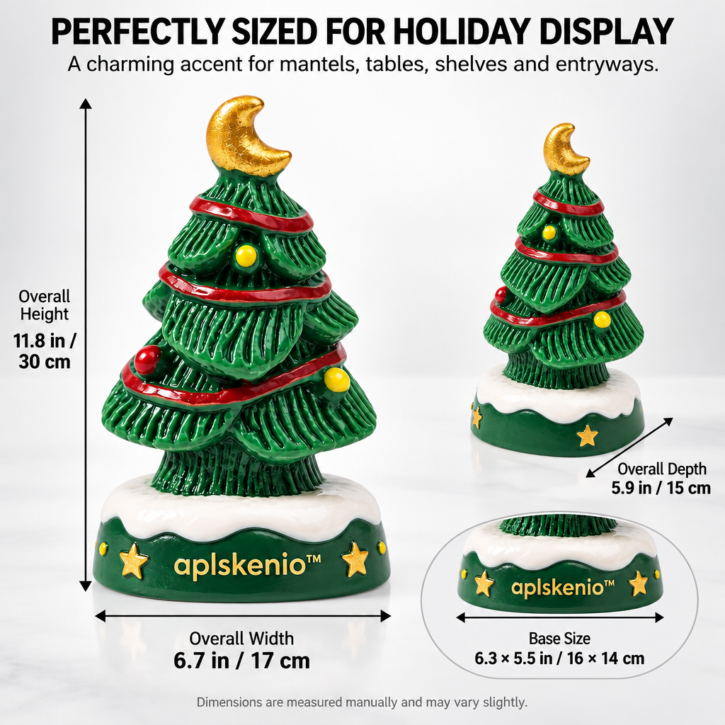 aplskenio™ Moonlit Christmas Tree Figurine – Whimsical Moon-Topped Tabletop Holiday