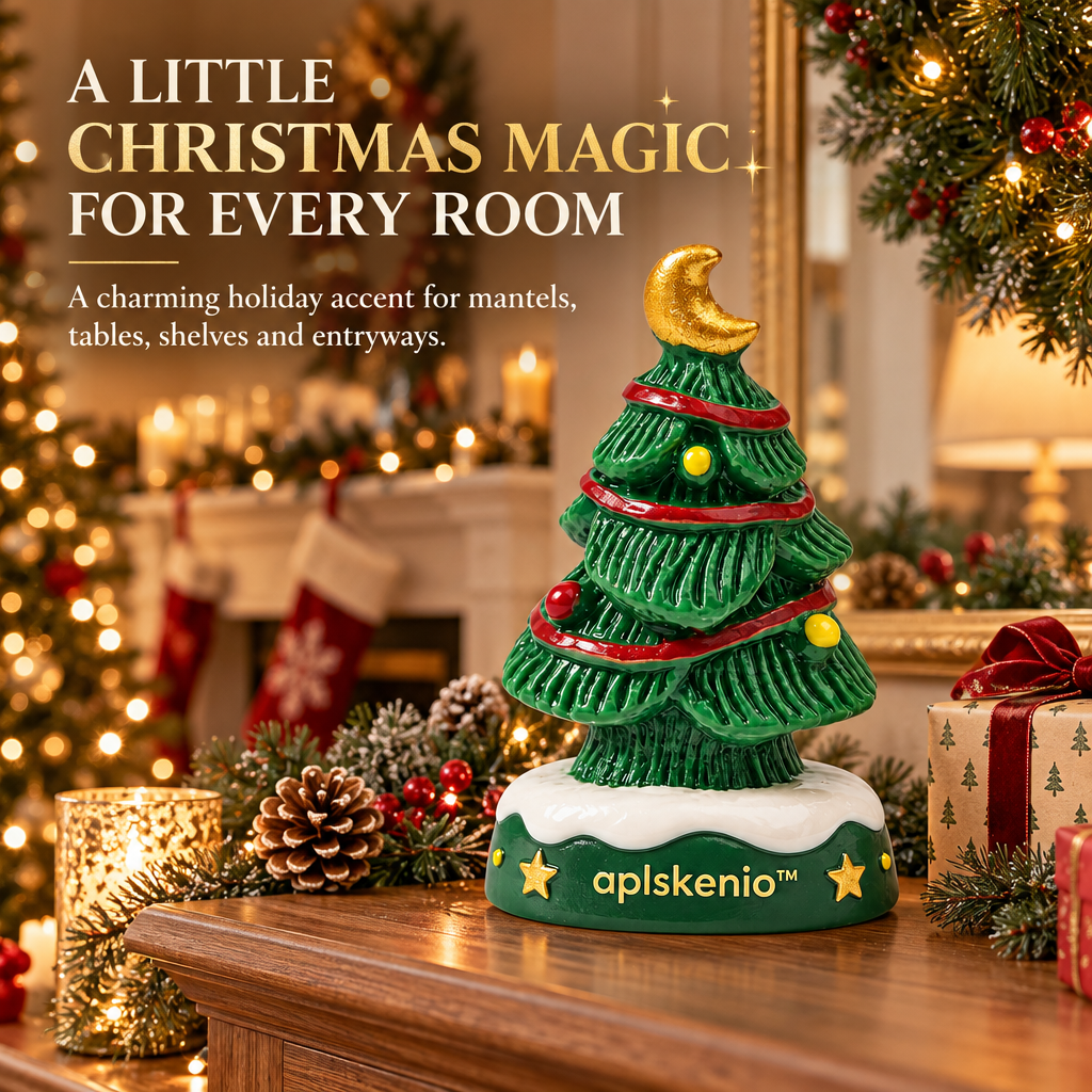 aplskenio™ Moonlit Christmas Tree Figurine – Whimsical Moon-Topped Tabletop Holiday
