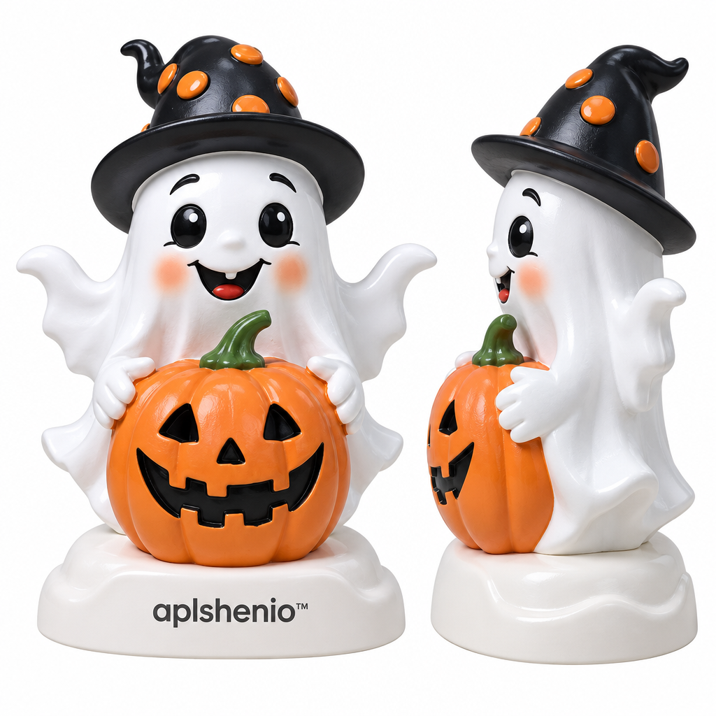 aplskenio™ Halloween Ghost & Jack-O’-Lantern Figurine – Resin Tabletop Decor