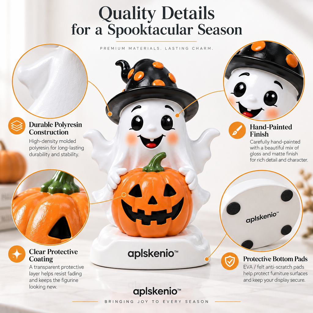 aplskenio™ Halloween Ghost & Jack-O’-Lantern Figurine – Resin Tabletop Decor