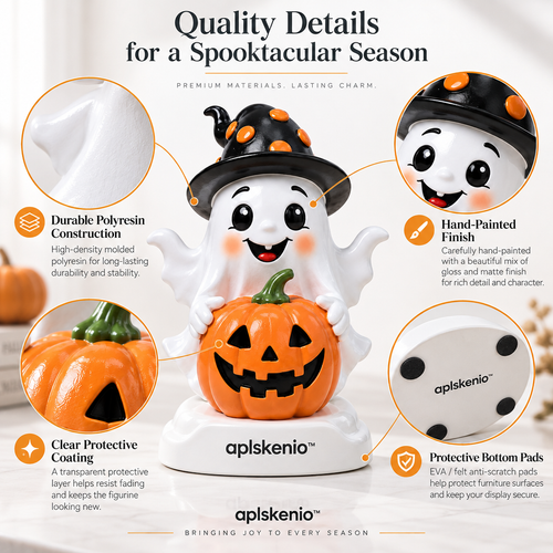 aplskenio™ Halloween Ghost & Jack-O’-Lantern Figurine – Resin Tabletop Decor