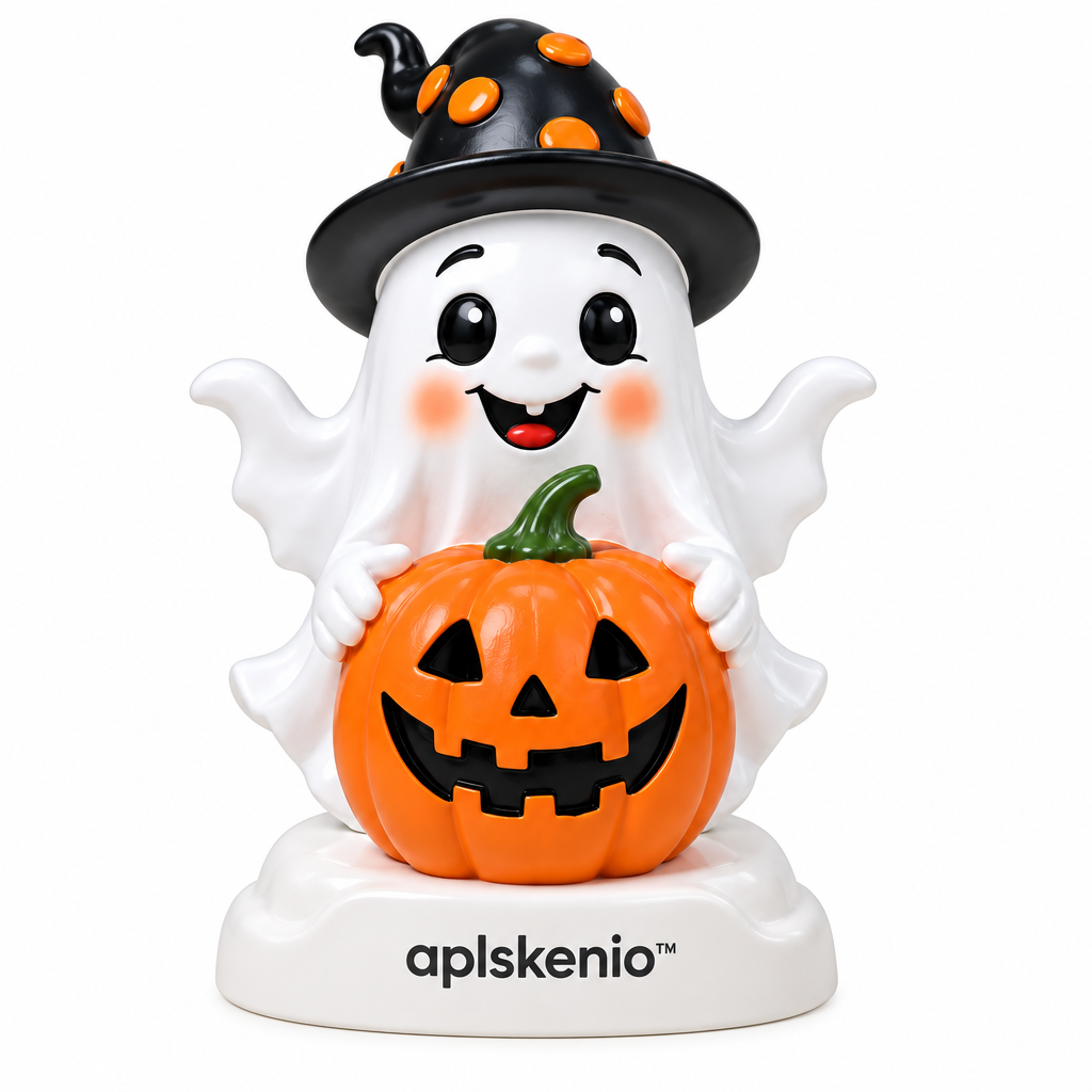 aplskenio™ Halloween Ghost & Jack-O’-Lantern Figurine – Resin Tabletop Decor